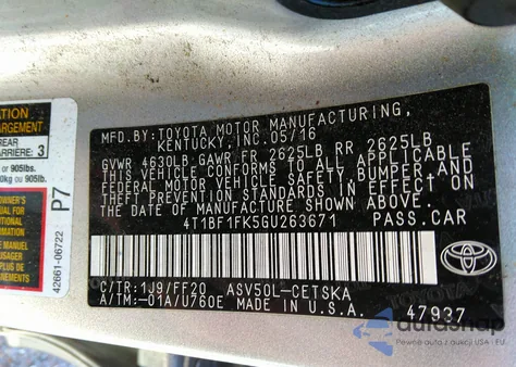 2016 Toyota Camry Se from USA, damaged, VIN 4T1BF1FK5GU263671